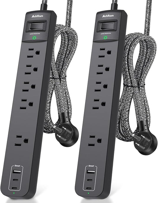 2 Pack Short Power Strip Surge Protector- Addtam USB C Power Strip,3ft Flat Extension Cord with 5 Widely 3 USB (2 USB-C) Ports, Desktop Charging Station for Home Office College Dorm Room Essentials