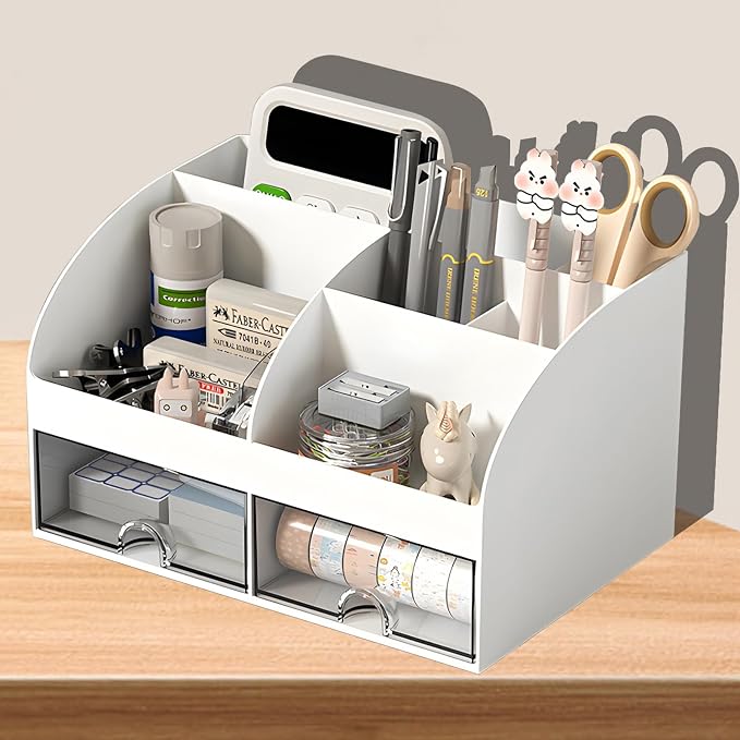 Dfacio Desk Organizer, Desktop Organizers and Accessories with 6 Compartments and 2 Drawers, Aesthetic Desk Accessories for Home, Office, School, White