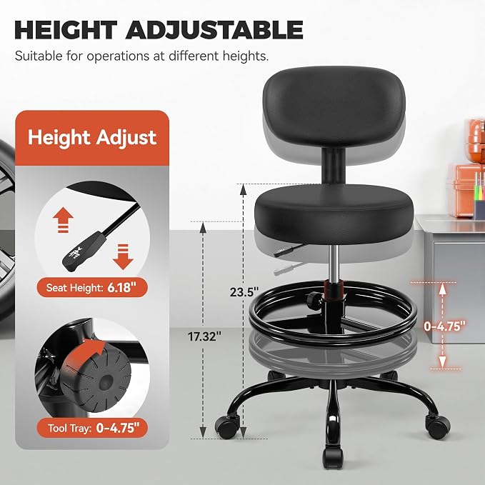 BestGlory Shop Stool with Wheels for Garage, Mechanics Rolling Chair with Backrest, Adjustable Height Heavy Duty Garage Stool with Footrest and Storage Tray, Swivel Task Chair for Workshop Salon