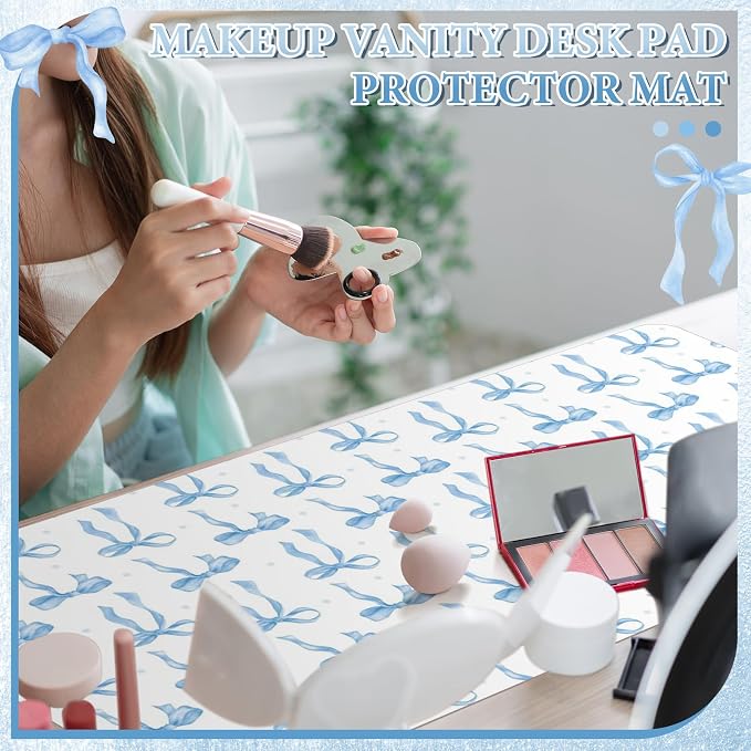 Teenyyou Coquette Bow Makeup Mat for Vanity Top Protector Back to School Gift 23.6" X11.8" Dual Side Leather Desk Mouse Pad Girly Waterproof Nonstick Dressing Vanity Cover for Women Home Office