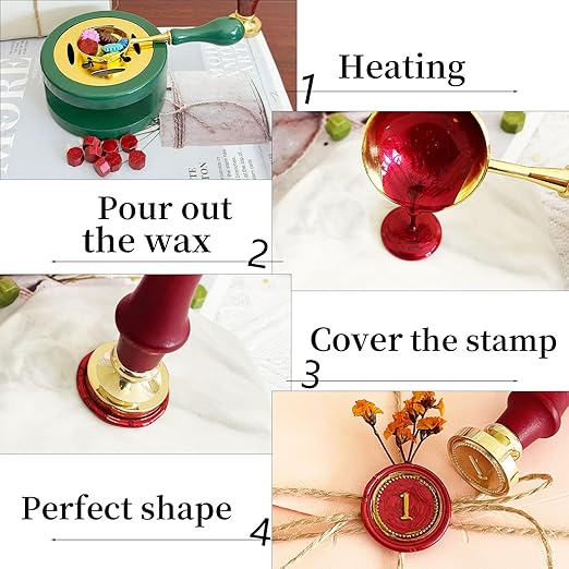 Green Wax Seal Warmer Furnace Kit Melting Furnace Tool Sealing Seal Stamp Warmer Stand with Spoon & Stir Stick and Tealight Candles Set for Wedding Wax Envelope Seal Stamp (Dark Green)