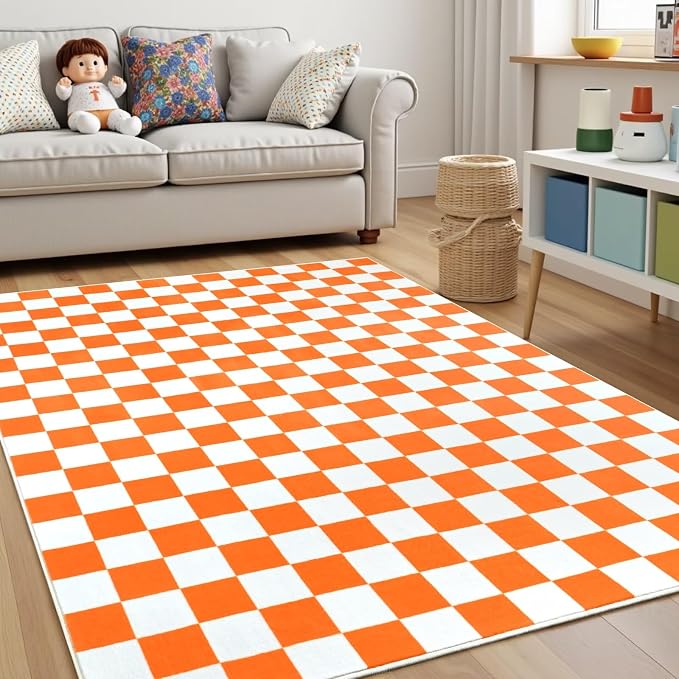 Terrug Orange and White Checkered Rug for Bedroom,3x5 Area Rugs Washable with Non Slip for Living Room,Soft Low Pile Stain Resistance Retro Carpet for Dorm Kids Room