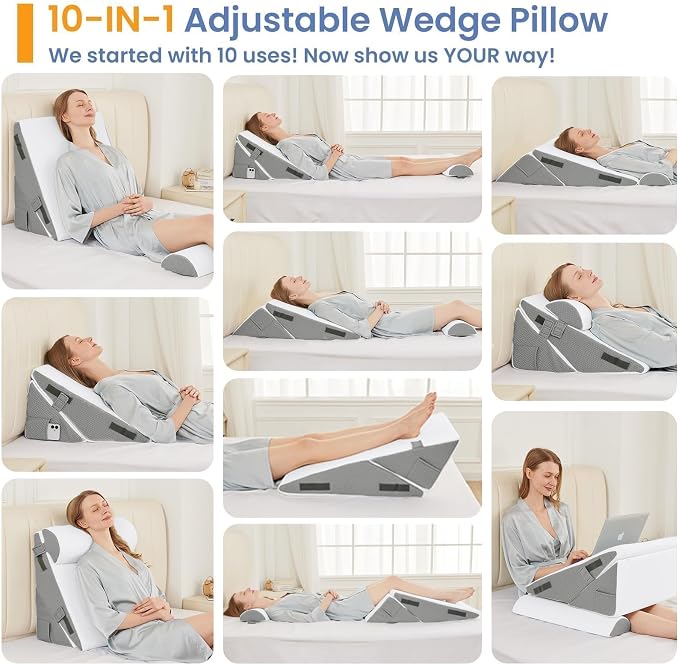 Sasttie Adjustable Wedge Pillow Set for After Surgery, Dark Grey & White | Bed Wedge Pillow Headboard with Memory Foam Neck Cushion, for Acid Reflux, Sleeping, Neck & Back Support