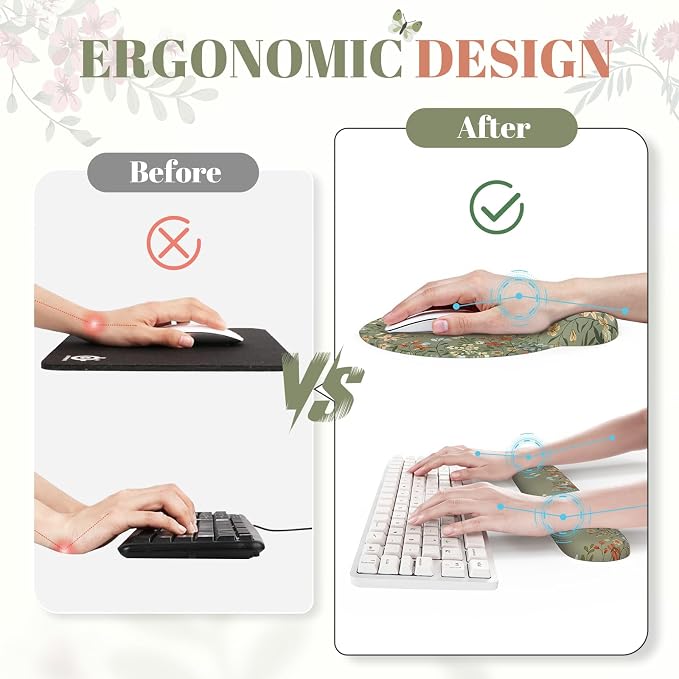 iCasso Desk Mat Set,Large Mouse Pad with Wrist Rest, Back to School Ergonomic Keyboard Wrist Support for Women, Floral Computer Mat with Scalloped Edges,Non-Slip Desk Pad Home Office Gaming (Green)