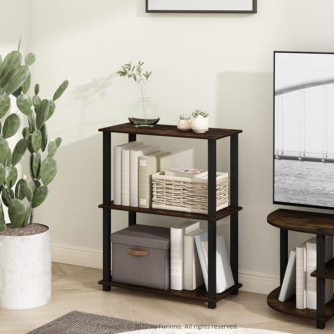 Furinno TURN-S-TUBE Storage Shelves, 3-Tier Book Shelf, Corner Shelf, Toolless Open Shelves, for Organization and Storage, Living Room, Garage, Home Office, Amber Pine