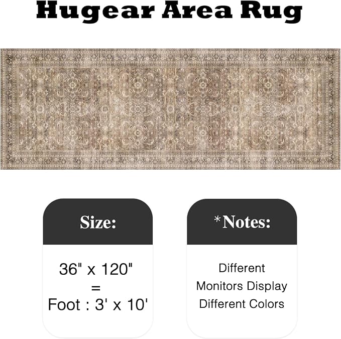 HUGEAR 3x10 Runner Rug Hallway Vintage Brown Machine Washable Retro Floral Low Pile Carpet Vacuumable Distressed Long Throw Rug Bedroom Office Bathroom Kitchen Laundry Non Slip Soft Lightweight