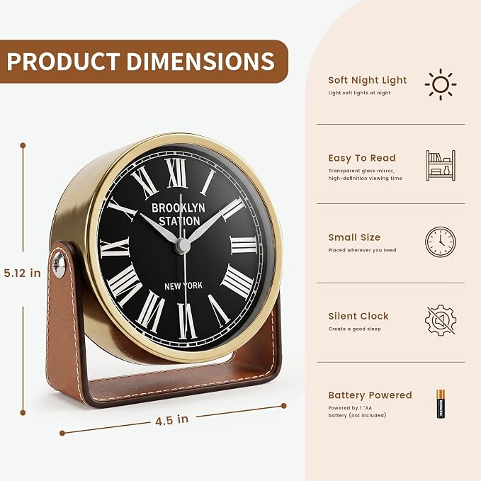 Analog Alarm Clock - 4.5" Silent Non Ticking Small Clock with Light, Rotatable Stand Metal Desk Clock Battery Operated, Simple Design for Living Room Decor/ Bedroom/Bedside/Shelf (Gold & Brown)