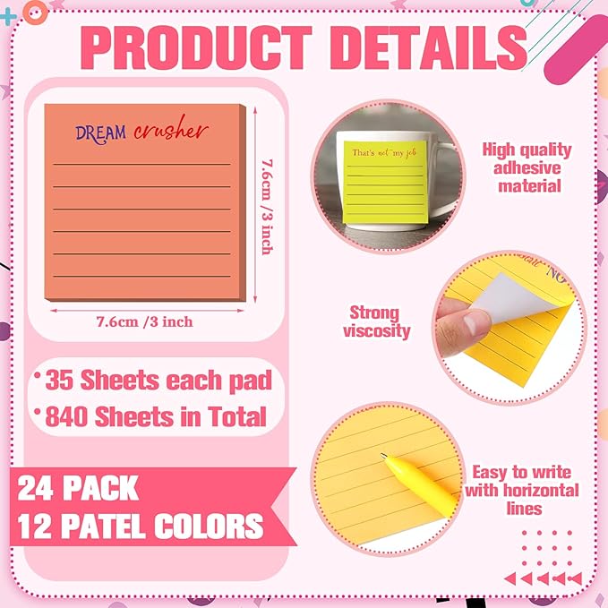 Yinder 24 Pcs Inspirational Sticky Notes Thank You Gift Motivational Sticky Note Pad Employee Appreciation Gift Bulk for Staff Coworker Teacher Nurse Office Groups 3 x 3'' (Funny,Bright Color)