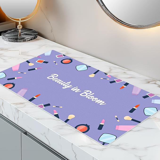 Dual-Sided Waterproof Synthetic Leather Makeup Mat for Desk, Makeup Station, Crafts, Multi-Use Scratch & Stain Resistant Surface Protector Pad for Vanity, Desktop, Craft Table (Purple Cartoon)