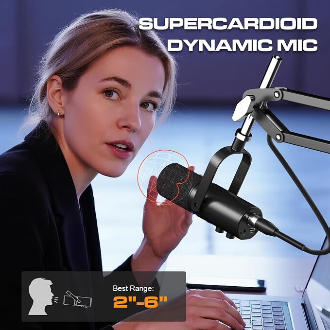 PUPGSIS Podcast Dynamic Microphone, XLR/USB Recording PC Microphones for Broadcast, Podcast, Recording, Gaming & Streaming, Studio Mic with Mute, Headphone Jack, Monitoring Volume Control, Windscreen