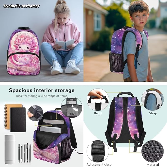 Girls Backpack Set 4PCS: Cute Cherry Blossoms Axolotl Bookbag with Lunch Bag, Pencil Case & Water Bottle Sleeve - 17 Inch for Elementary School Kids Ages 6-8 Back to School