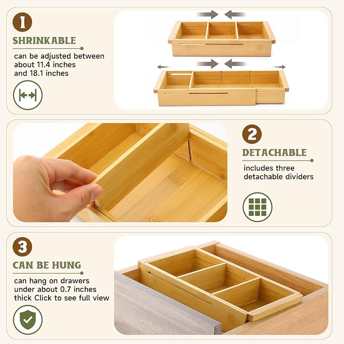 Yookeer 2 Pcs Expandable Drawer Organizer Adjustable Hanging Deep Drawer 11.4'' to 18.1'' Bamboo Wood Dividers Storage Tray for Desk Kitchen Bedroom Bathroom Office Supplies
