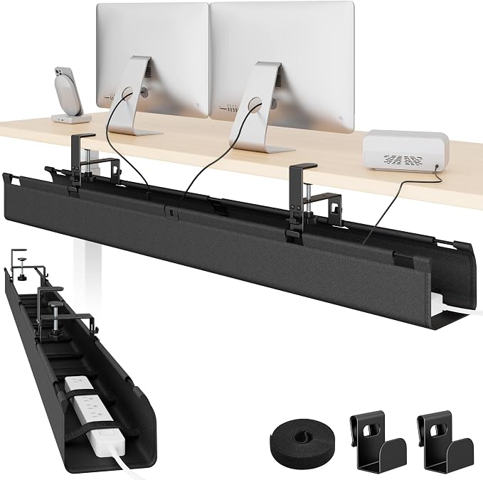 No Drill Under Desk Cable Management Tray, 47.2" Fabric Organizer | Clamp/Screw Premium Mount Cord Holder, for Power Strips, Adapters, with 2 Hooks & 1 Tie Roll for Home Office Gaming, Black