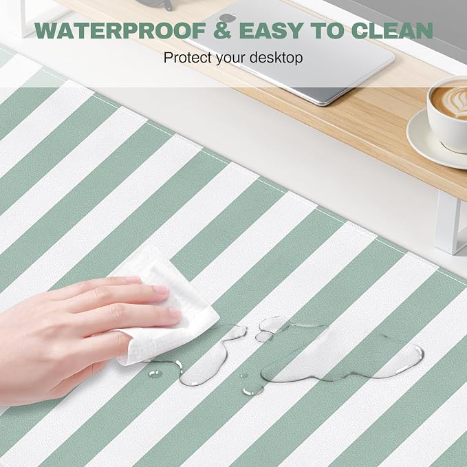 Striped Desk Mat Cute XXL Large Mouse Pad PU Leather Green Striped Desk Pad with Non-Slip Rubber Base, Home Office Decor Keyboard Pad Mouse Mat for Computer Laptop