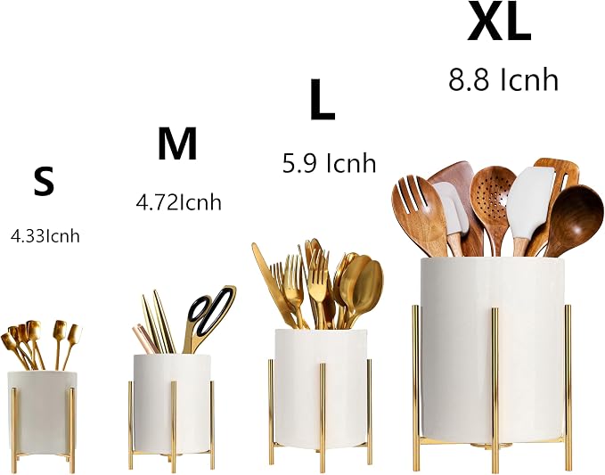Gold Pencil Cup Sturdy Metal Frame With White Ceramic Pen Holder For Desks and kitchen Appliance Holders