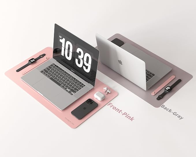 RENMTURE Double-Sided Two-Tone Faux Leather Desk mat Desktop Organization and Accessories Home and Office Large Mouse pad Game and Work (Pink/Gray, 23.6" x 13.7")