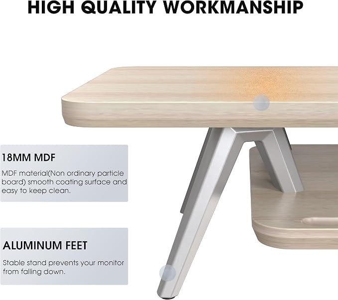 Fenge Dual Monitor Stand Riser, Wooden Desk Shelf with 2-Tier Storage | 47.3-Inch Extra Wide, Sturdy Aluminum Legs, Built-In Phone & Tablet Slot, Desktop Organizer for Office Accessories