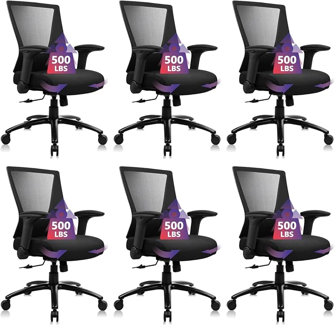 CLATINA Big and Tall Office Chair Heavy Duty Ergonomic Desk Chair 500lbs with Flip-up Arms & Wide Thick Seat Cushion Home Executive Swivel Mesh Chair for Study, Conference, Black, 6 PK