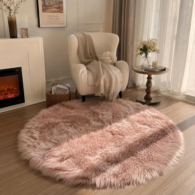 EasyJoy Faux Sheepskin Rug, Fluffy Faux Fur Rug, Ultra Soft Shag Area Rug with Non-Slip Backing for Bedroom, Living Room, Nursery, Kids Room(4 x 4 ft Round, Pink)