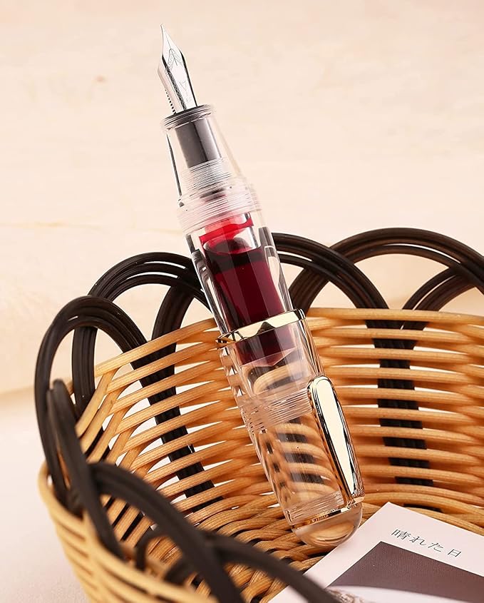 Lanxivi Majohn Q1 Mini Fountain Pen Extra Fine Nib Transparent Eyedropper Filling, Short Resin Pocket Pen Large Capacity