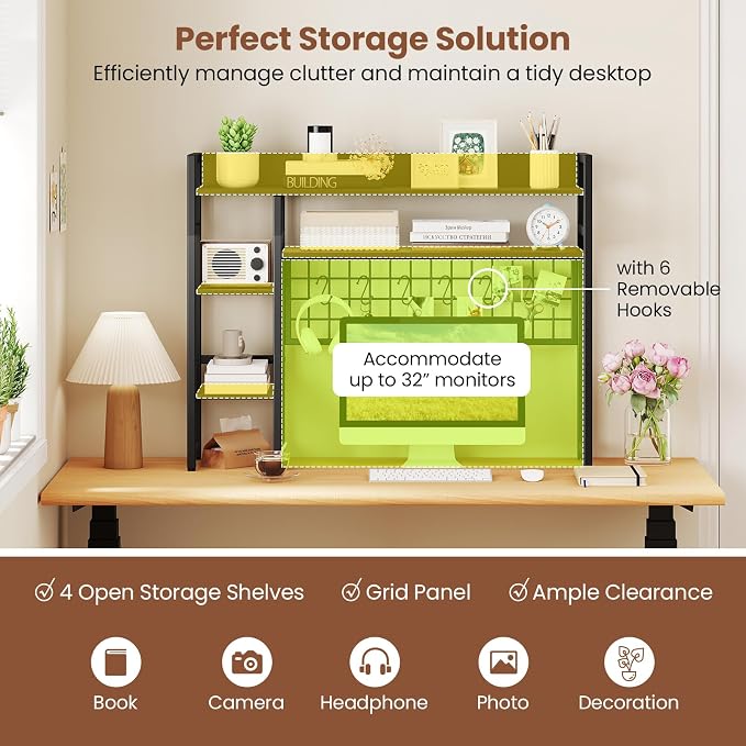 Tangkula Desktop Bookshelf for Computer 32” Monitor, 37" Countertop Storage Hutch with 4 Open Storage Shelves, Grid Panel, Anti-tip Device, 4-Tier Desktop Display Shelves for Home Office