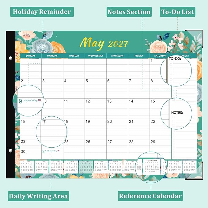 2026 Desk Calendar Large 22x17 Inches,Large Desk Calendar 2026-2027,18 Month,Suitable For Home,School Or Office,With Plastic Cover,Monthly Calendar(Cyan)