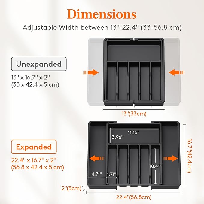 Lifewit Silverware Drawer Organizer, Expandable Utensil Tray for Kitchen, BPA Free Flatware and Cutlery Holder, Adjustable Plastic Storage for Spoons Forks Knives, 33 -57 x 42cm, Black