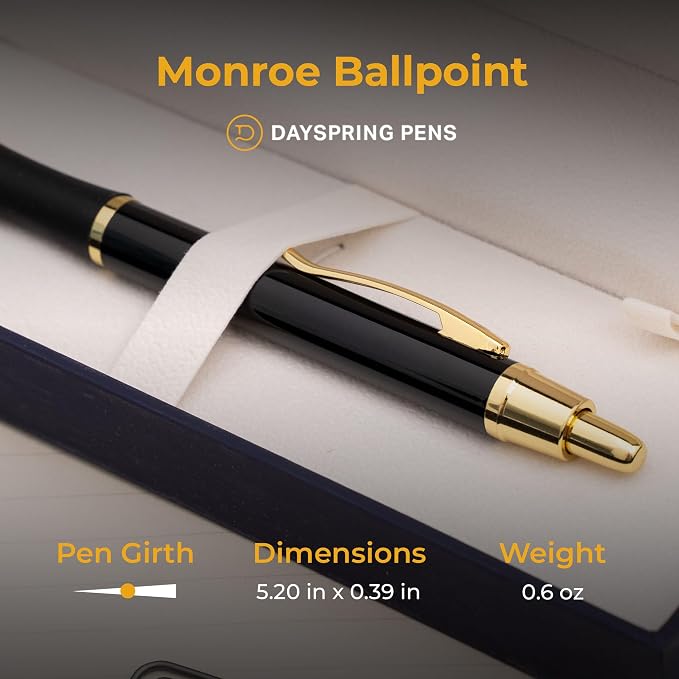 Dayspring Pens Monroe Black Ballpoint Pen, 18K Gold Accents, Click Action — Professional Desk Pen or Office Gift, Gift Box Included