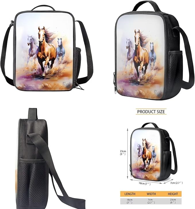 Horse Custom Backpack for Kids 8-12 with Lunch Box and Pencil Bag Large Capacity Backpack Lunchbag and Pencil Case Set for Primary School Students Back To School Gift