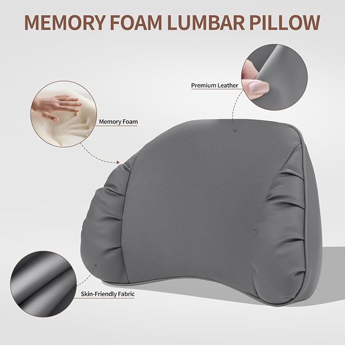 Memory Foam Lumbar Support Pillow for Car Seat, Gray, 1 Pack | Leather Lumbar Pillow for Lower Back Pain Relief - Back Cushion for Driving - Chair Support for Office Chair, Gaming Chair