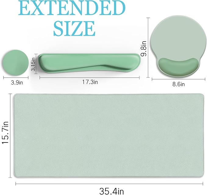 LIMKRIAN Sage Green Mouse Pad Set, Complete XXL Desk Mat with Ergonomic Keyboard Support & Coaster, Featuring Mouse Pad with Gel Wrist Rest for Pain Relief, Home Office Gaming Accessories Gift