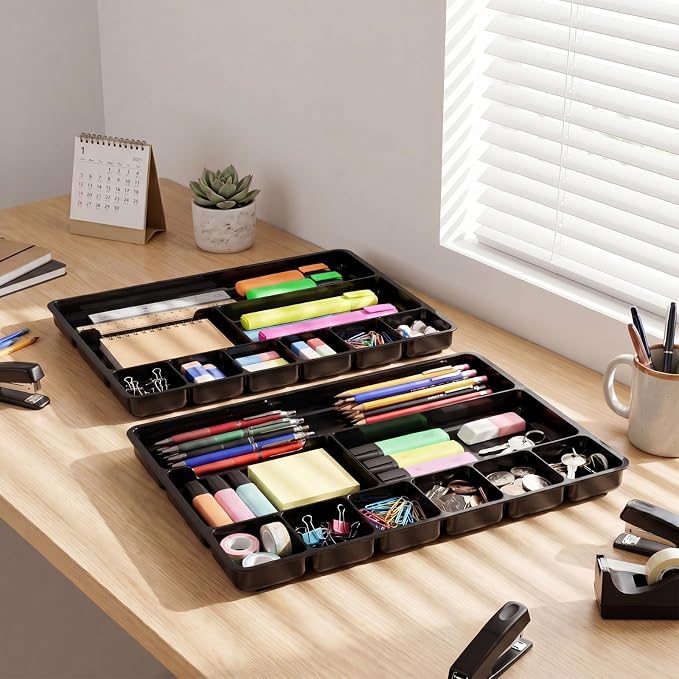 4 Pcs Shallow Drawer Organizers 14" x 9" x 1" Desk Drawer Organizer Tray with 9 Storage Compartments for Home Office Classroom School Organizing Pens Paper Clips Sticky Notes (Black)