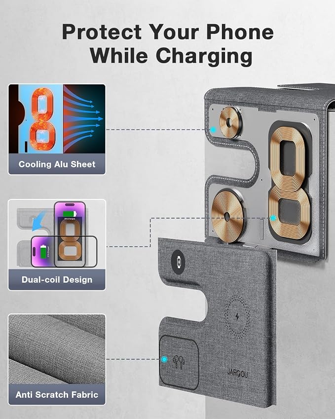 JARGOU 3 in 1 Charging Station for Apple Wireless Charger for iPhone 15 14 13 12 11 X 8 Series Wireless Charging Station for Multiple Devices for Apple Watch Charger for AirPods 2/3/Pro/Pro 2 (Grey)
