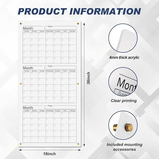 AmazingSpark Acrylic Whiteboard Calendar 3 Months Dry Erase Wall Calendar Board 36" x 18" Large Reusable Vertical Planner for Home School Office Bedroom Classroom Organization