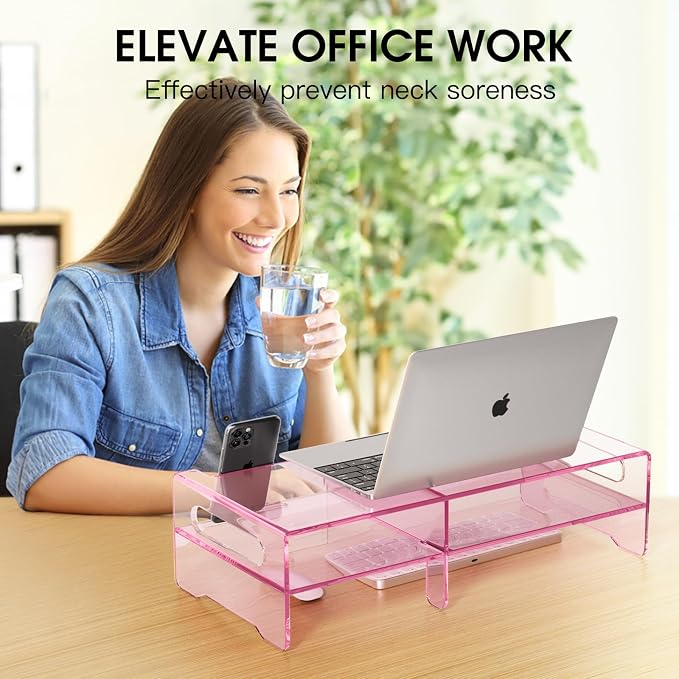Pink Acrylic Monitor Riser, 2-Tier Desk Computer Stand With Storage & Phone Holder | Clear Computer Monitor Stand for Desk,Handheld Function Easy Mobility,16 in Wide for Laptop, Printer,Screen,Desktop Organizer