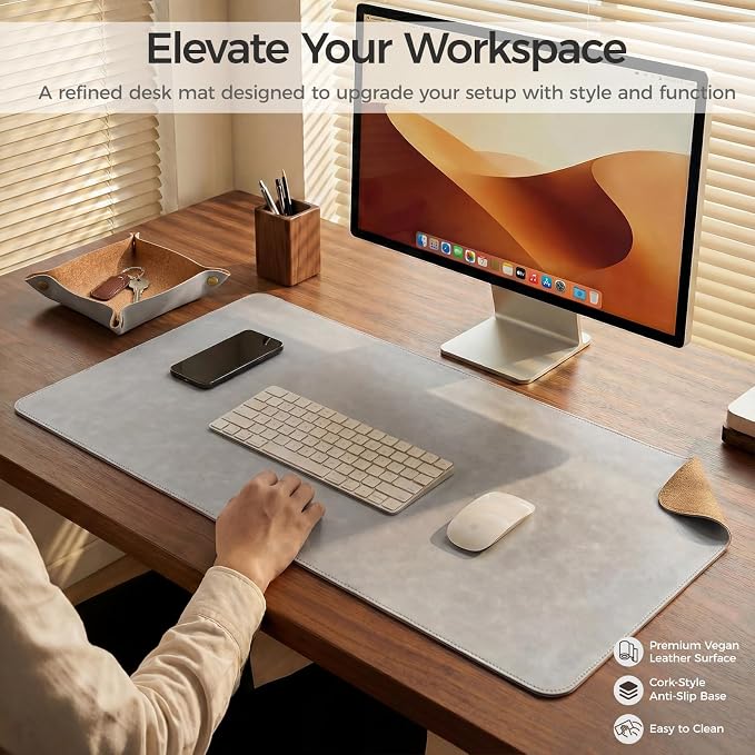 Premium Faux Leather Desk Mat & Tray Set，Innovative Cork-Look Printed Base，Gift Tube Packaging，Full-Desk Coverage，Non-Slip Desk Pad for Office Home（Mist Gray）