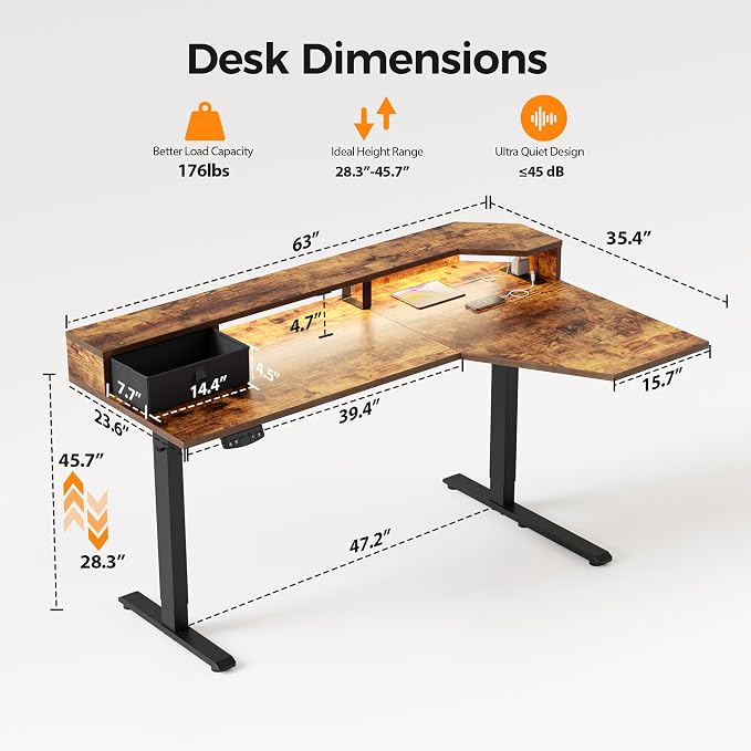 Agilestic 63 Inch L Shaped Electric Standing Desk with Shelf, Height Adjustable Large Desk with Power Outlets & LED, Corner Sit Stand Up Table with Monitor Stand, Computer Workstation, Rustic Brown