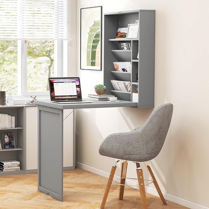 Wall Mounted Desk, Wood Collapsible Floating Desk, Convertible Computer Desk with Storage Area, Hanging Fold Out Table for Home Office, Small Spaces (Grey)