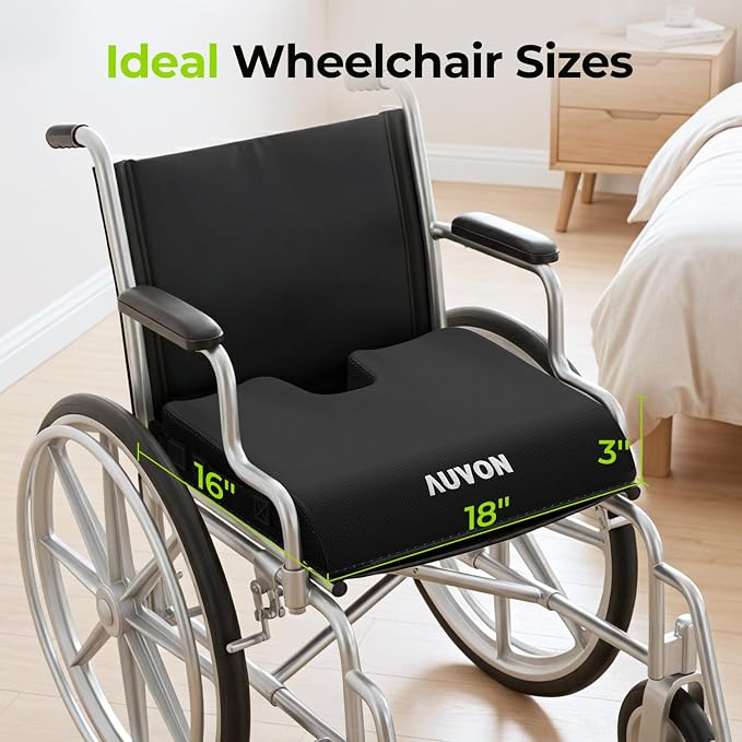 AUVON Gel Wheelchair Seat Cushion with Waterproof Cover, Anti-Sore & Ulcer | Ergonomic Chair Cushion with U-Cutout for Tailbone, Back Pain Relief, Memory Foam Cushion for Office, Anti-Slip, Buckle Strap
