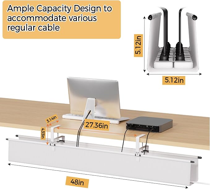 Under Desk Cable Management Tray, 48" Fabric Wire Cord Organizer, White | No Drill Under Table Wire Organizer with 16X Cable Ties for Office/Home, Cord Hider Fit Adapters & Sockets, Clamp/Screw Mount