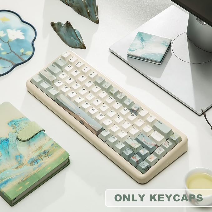 YUNZII Spring Tea Dye Sub PBT Keycaps,140 Full Keys Dye Sublimation PBT Custom Keycap Set with Key Puller for Cherry Gateron MX Switches Mechanical Gaming Keyboard (Cherry Profile, Spring Tea)
