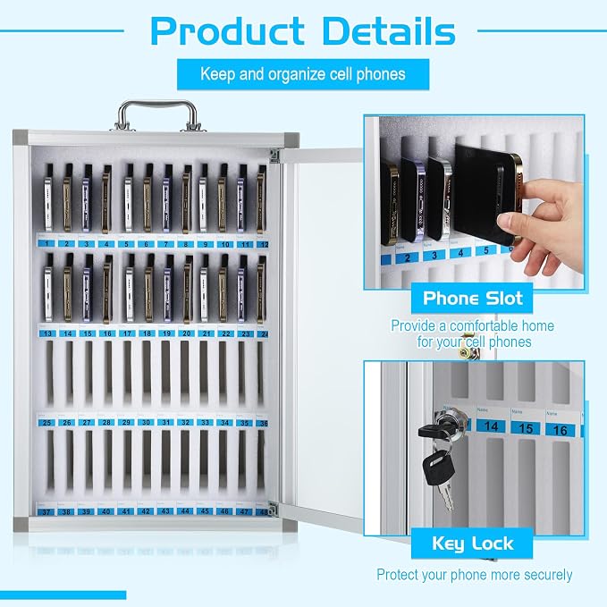 Amylove Cell Phone Locker Cabinet Aluminum Alloy Pocket Chart Storage Locker Box Cabinet Wall-Mounted Cell Phones Storage Box with Handle for Office Classroom Gym(White,48 Slots)