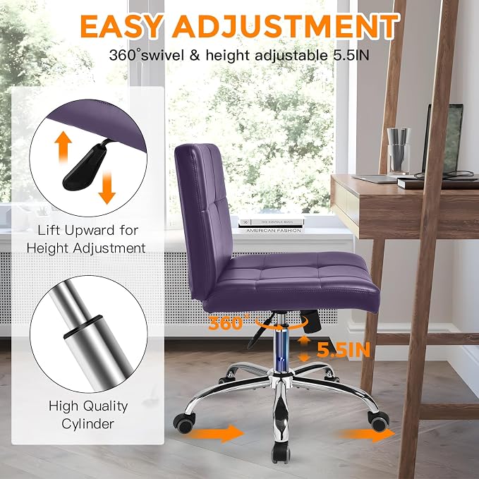 360° Office Desk Chair,PU Adjustable Rolling Task Chair with Backrest for Barber,Office,Home, Computer,360° Swivel,Armless (Widened Purple)