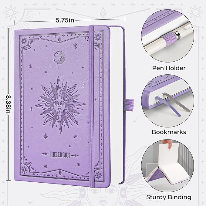 EMSHOI A5 Dotted Notebook Journal, 320 Pages 100gsm Thick Dotted Paper, Hardcover Leather Journal with Pen Holder & Inner Pocket, Dot Grid Notebook for Journaling, 5.75"x8.38", Light Purple