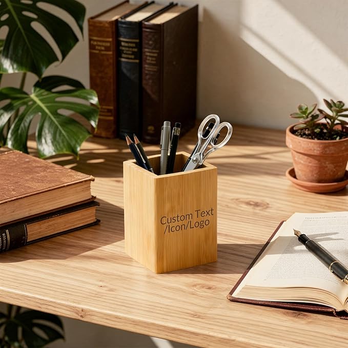 Personalized Wooden Pencil Holders & Pen Holders, Custom Pencil Cups for Desk, Unique Gifts for Colleagues Teachers Students Friends (Bamboo - Square)