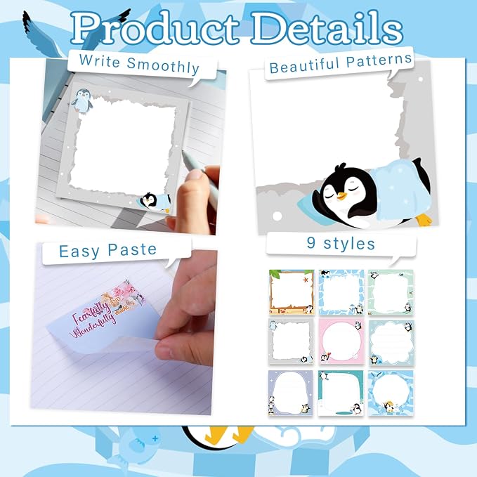 Penguin Sticky Notes Gifts - 9 Pack Cute Penguin Notepads 3x3 Inches, Funny Animals Themed Self-Stick Memo Pads, School Office Supplies for Students Coworkers Men Women (450 Sheets)