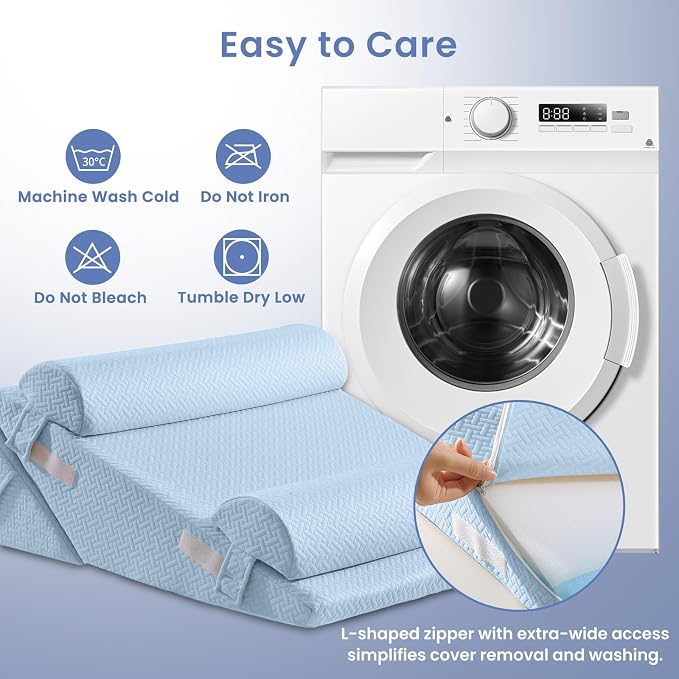 Sasttie Adjustable Wedge Pillow Set for After Surgery, Blue | 2PCS Bed Wedge Pillow Headboard with Memory Foam Neck Cushion, for Acid Reflux, Sleeping, Neck & Back Support