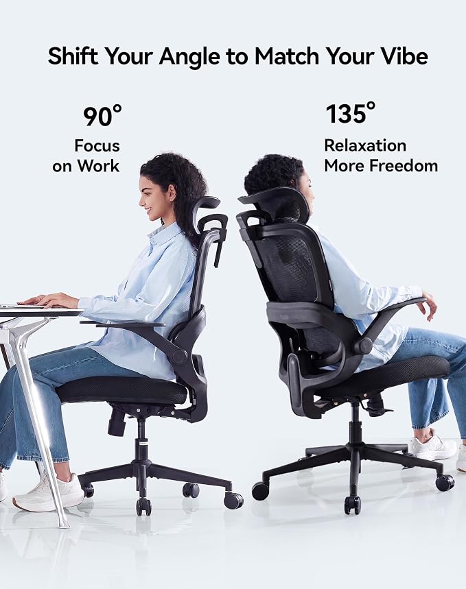 SIHOO B100 SE Office Chair, Soft Memory Foam Desk Chair with Adaptive Lumbar Support & 2D Flip-up Armrests, 135° tilt Computer Chair for Home Office, Black