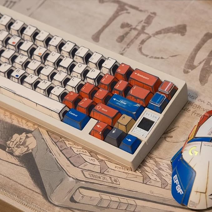 Retro PBT Keycaps - Japanese Manga Theme Keycaps Set, 141 Keys Cherry Profile Dye-Sub Custom Keycap, Mixed Light Minimalist Style Key Caps for 60%, 65%, 75%, 100% Cherry MX Mechanical Keyboard