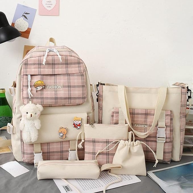 Aobiono 5Pcs Kawaii Plaid Backpack Set Aesthetic Preppy Cute Check with Pins Bear Pendant Light Academia School Supplies Kit